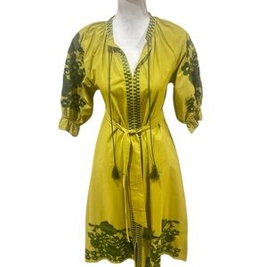Julie Amory coatue caftan Green Embroidery Midi short sleeve Dress Tassel Tie xs